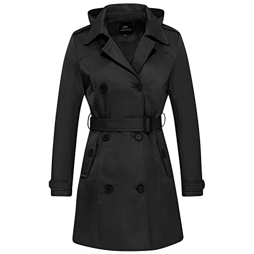 FARVALUE Women's Waterproof Trench Coat Double Breasted Windbreaker Classic Belted Lapel Overcoat with Removable Hood Black Large