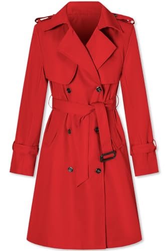 Women's Long Trench Coat Double-Breasted Classic Windbreaker Lapel Dress Outerwear with Belt, Red, X-Small