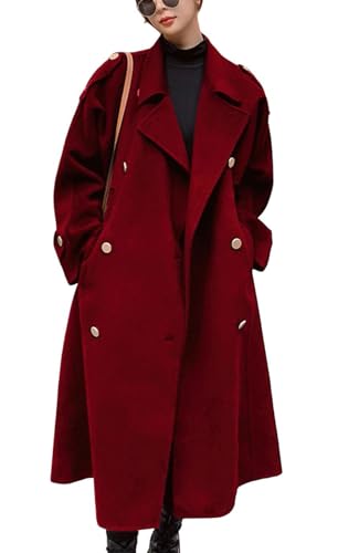 chouyatou Women's Winter Double Breasted Midi Long Wool Pea Coat Notch Lapel Winter Trench Coat (Medium, Red)
