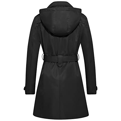 FARVALUE Women's Waterproof Trench Coat Double Breasted Windbreaker Classic Belted Lapel Overcoat with Removable Hood Black Large