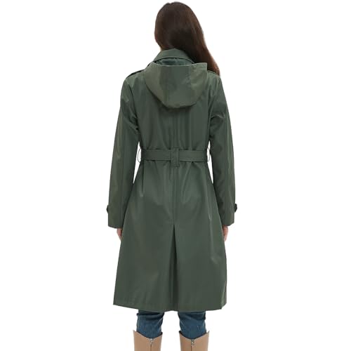 Kugnala Womens Trench Coat Double-Breasted Long windbreak Belted Slim Outerwear Coat with Detachable Hood Black Green L