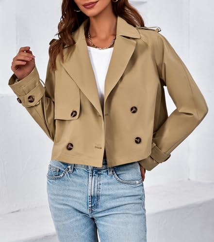 Tankaneo Womens Cropped Trench Coat Lapel Double Breasted Short Jacket Outwear with Pockets