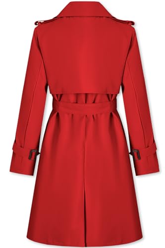 Women's Long Trench Coat Double-Breasted Classic Windbreaker Lapel Dress Outerwear with Belt, Red, X-Small