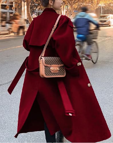 chouyatou Women's Winter Double Breasted Midi Long Wool Pea Coat Notch Lapel Winter Trench Coat (Medium, Red)