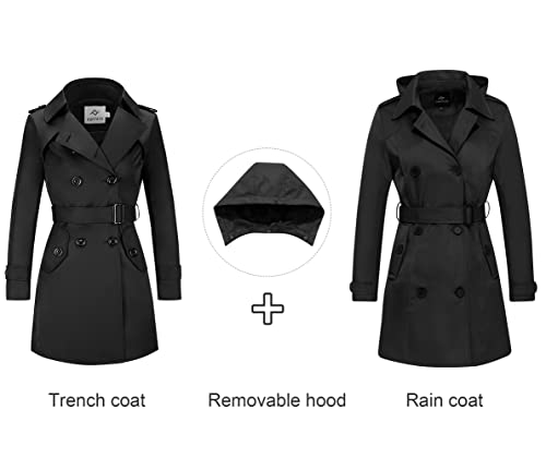 FARVALUE Women's Waterproof Trench Coat Double Breasted Windbreaker Classic Belted Lapel Overcoat with Removable Hood Black Large