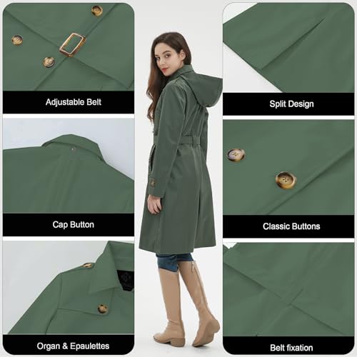 Kugnala Womens Trench Coat Double-Breasted Long windbreak Belted Slim Outerwear Coat with Detachable Hood Black Green L