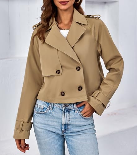 Tankaneo Womens Cropped Trench Coat Lapel Double Breasted Short Jacket Outwear with Pockets