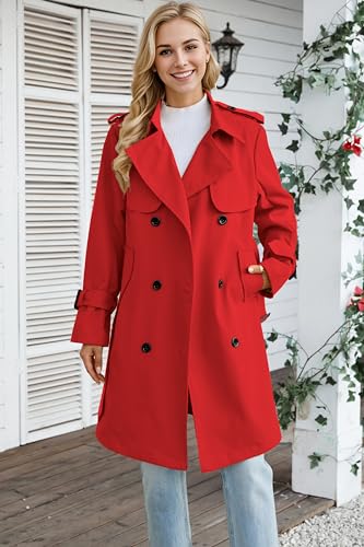 Women's Long Trench Coat Double-Breasted Classic Windbreaker Lapel Dress Outerwear with Belt, Red, X-Small