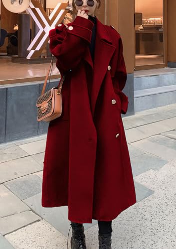chouyatou Women's Winter Double Breasted Midi Long Wool Pea Coat Notch Lapel Winter Trench Coat (Medium, Red)