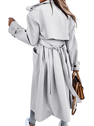 Fisoew Women's Double Breasted Long Trench Coat Windproof Classic Lapel Belted Overcoat with Pockets Medium