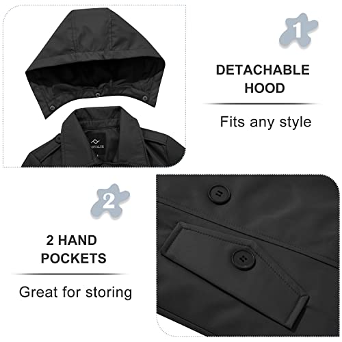 FARVALUE Women's Waterproof Trench Coat Double Breasted Windbreaker Classic Belted Lapel Overcoat with Removable Hood Black Large