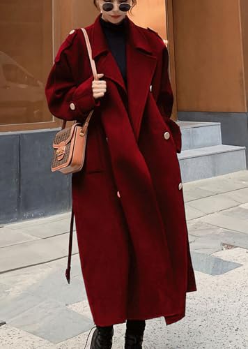 chouyatou Women's Winter Double Breasted Midi Long Wool Pea Coat Notch Lapel Winter Trench Coat (Medium, Red)