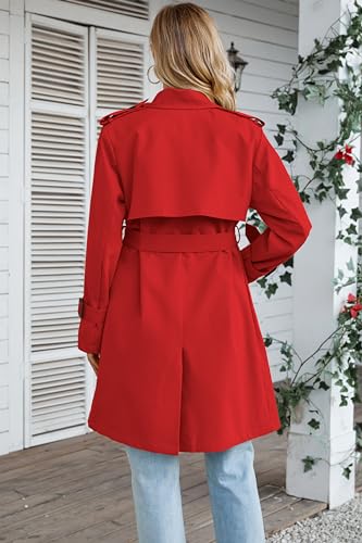 Women's Long Trench Coat Double-Breasted Classic Windbreaker Lapel Dress Outerwear with Belt, Red, X-Small