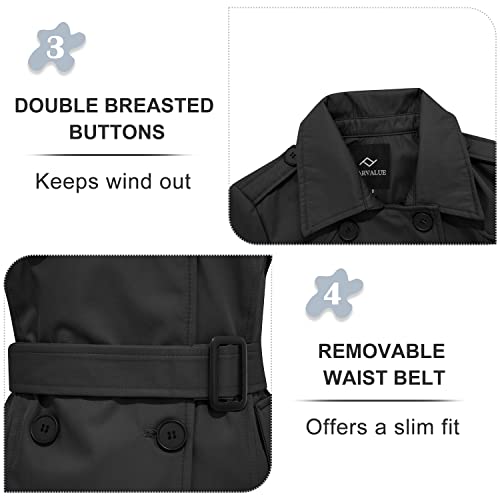 FARVALUE Women's Waterproof Trench Coat Double Breasted Windbreaker Classic Belted Lapel Overcoat with Removable Hood Black Large