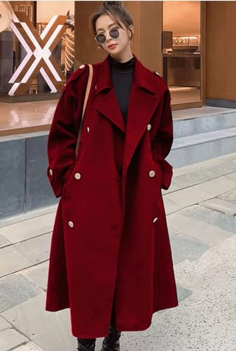 chouyatou Women's Winter Double Breasted Midi Long Wool Pea Coat Notch Lapel Winter Trench Coat (Medium, Red)