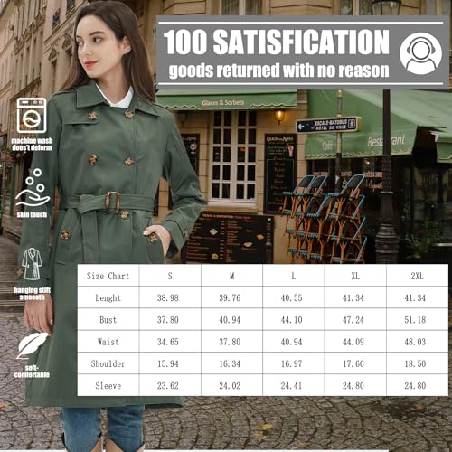 Kugnala Womens Trench Coat Double-Breasted Long windbreak Belted Slim Outerwear Coat with Detachable Hood Black Green L