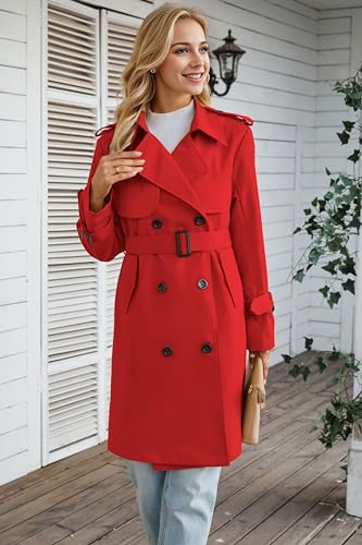 Women's Long Trench Coat Double-Breasted Classic Windbreaker Lapel Dress Outerwear with Belt, Red, X-Small