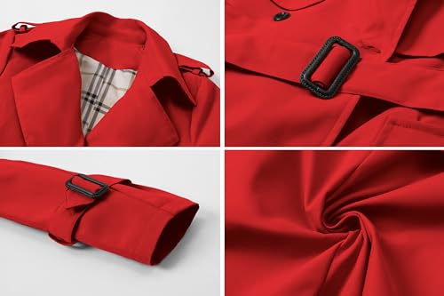 Women's Long Trench Coat Double-Breasted Classic Windbreaker Lapel Dress Outerwear with Belt, Red, X-Small