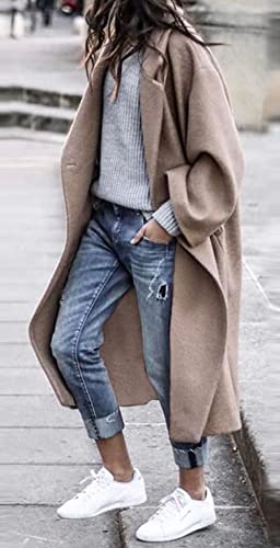 CHARTOU Women's Oversized Notched Collar Wool Blend Single Breast Midi Long Trench Coat (Medium, Khaki)