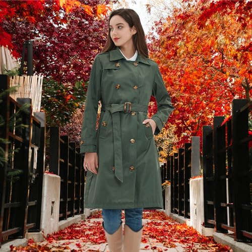 Kugnala Womens Trench Coat Double-Breasted Long windbreak Belted Slim Outerwear Coat with Detachable Hood Black Green L