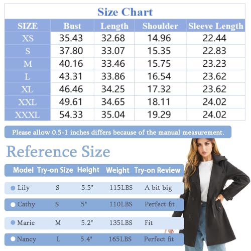FARVALUE Women's Waterproof Trench Coat Double Breasted Windbreaker Classic Belted Lapel Overcoat with Removable Hood Black Large