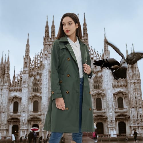 Kugnala Womens Trench Coat Double-Breasted Long windbreak Belted Slim Outerwear Coat with Detachable Hood Black Green L