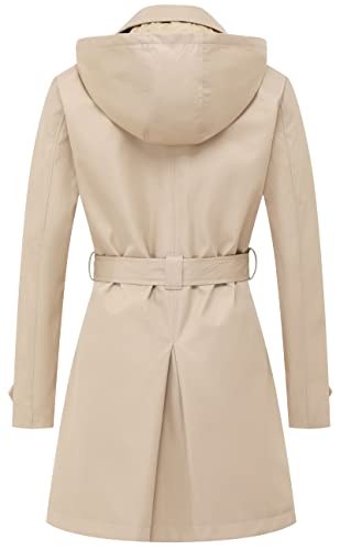 CREATMO US Women's Trench Coat with Hood Military Coat Overcoats Long Trench Jacket with Belt Khaki 2XL
