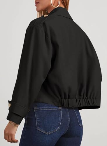 Dokotoo Womens Cropped Trench Coats Double Breasted Blazers for Women Business Casual Jackets Long Sleeve Notched Lapel Classic Loose Fall Winter Overcoat Outerwear with Side Pockets Black Large