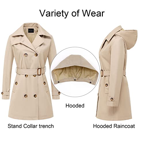 CREATMO US Women's Trench Coat with Hood Military Coat Overcoats Long Trench Jacket with Belt Khaki 2XL