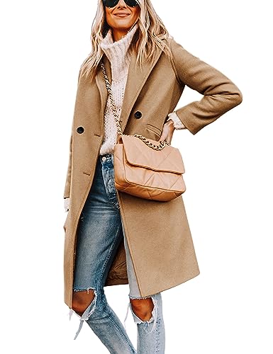 Tanming Women's Notch Lapel Double Breasted Wool Blend Mid Long Pea Trench Coat (Khaki-L)