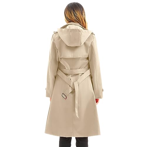 FARVALUE Women's Waterproof Trench Coat Long Double Breasted Windbreaker Classic Belted Lapel Overcoat with Removable Hood Khaki Large