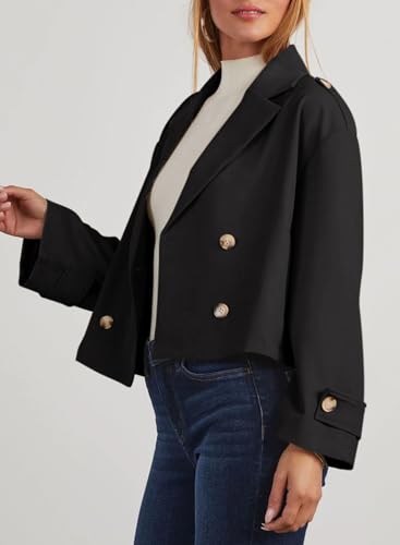Dokotoo Womens Cropped Trench Coats Double Breasted Blazers for Women Business Casual Jackets Long Sleeve Notched Lapel Classic Loose Fall Winter Overcoat Outerwear with Side Pockets Black Large