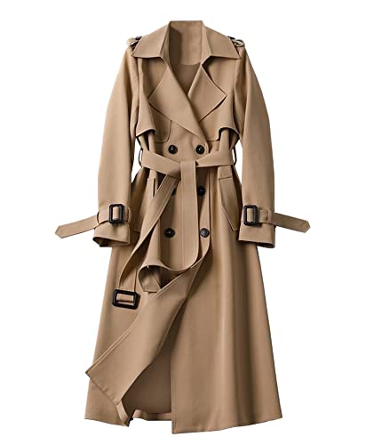 SOMTHRON Women's Double Breasted Long Trench Coat Belted Notch Lapel Overcoat Windproof Classic Outerwear CM-M
