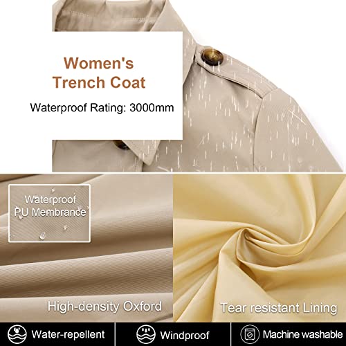 CREATMO US Women's Trench Coat with Hood Military Coat Overcoats Long Trench Jacket with Belt Khaki 2XL