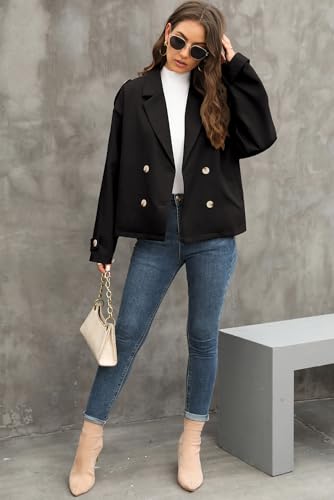 Dokotoo Womens Cropped Trench Coats Double Breasted Blazers for Women Business Casual Jackets Long Sleeve Notched Lapel Classic Loose Fall Winter Overcoat Outerwear with Side Pockets Black Large