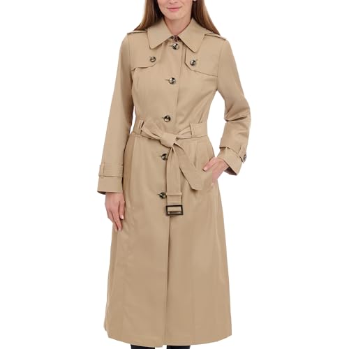 London Fog Women's Single Breasted Long Trench Coat with Epaulettes and Belt, BR Khaki, Extra Large