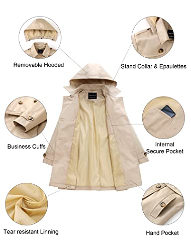 CREATMO US Women's Trench Coat with Hood Military Coat Overcoats Long Trench Jacket with Belt Khaki 2XL