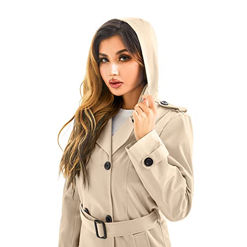 FARVALUE Women's Waterproof Trench Coat Long Double Breasted Windbreaker Classic Belted Lapel Overcoat with Removable Hood Khaki Large