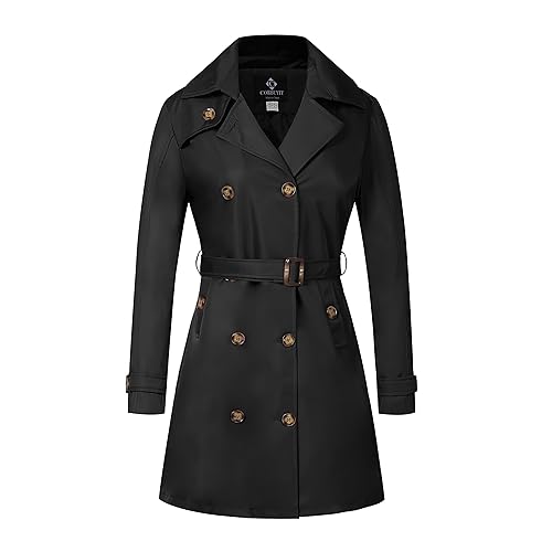 CorBuyit Trench Coats for Women, Double Breasted Mid-Length Belted Overcoat Long Dress Jacket with Detachable Hood Black L