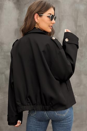 Dokotoo Womens Cropped Trench Coats Double Breasted Blazers for Women Business Casual Jackets Long Sleeve Notched Lapel Classic Loose Fall Winter Overcoat Outerwear with Side Pockets Black Large