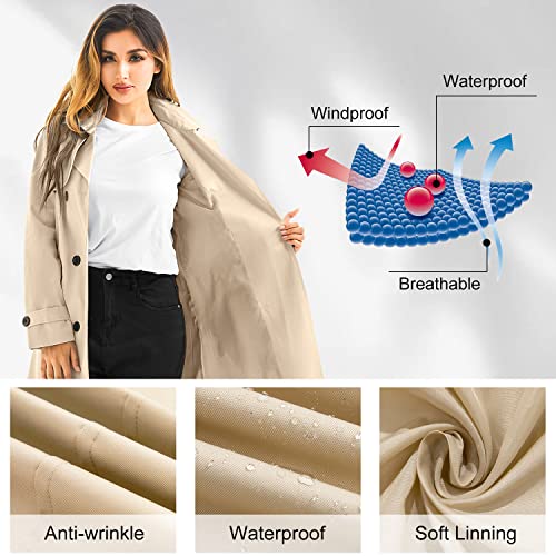 FARVALUE Women's Waterproof Trench Coat Long Double Breasted Windbreaker Classic Belted Lapel Overcoat with Removable Hood Khaki Large