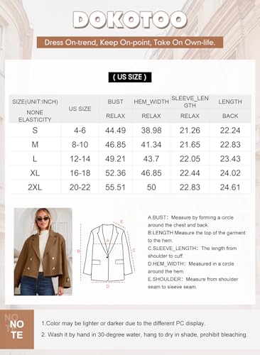 Dokotoo Womens Cropped Trench Coats Double Breasted Blazers for Women Business Casual Jackets Long Sleeve Notched Lapel Classic Loose Fall Winter Overcoat Outerwear with Side Pockets Black Large