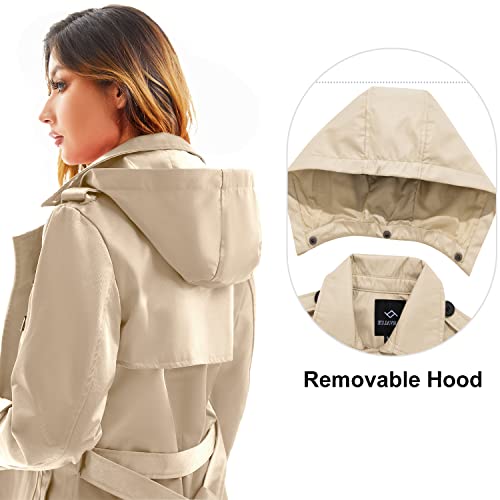 FARVALUE Women's Waterproof Trench Coat Long Double Breasted Windbreaker Classic Belted Lapel Overcoat with Removable Hood Khaki Large