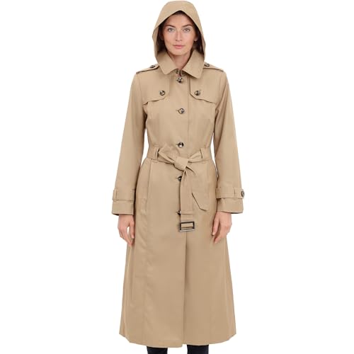 London Fog Women's Single Breasted Long Trench Coat with Epaulettes and Belt, BR Khaki, Medium