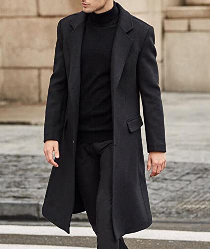 SOMTHRON Men's Casual Trench Coat Slim Fit Notched Collar Long Jacket Overcoat Single Breasted Pea Coat wih Pockets BL-L