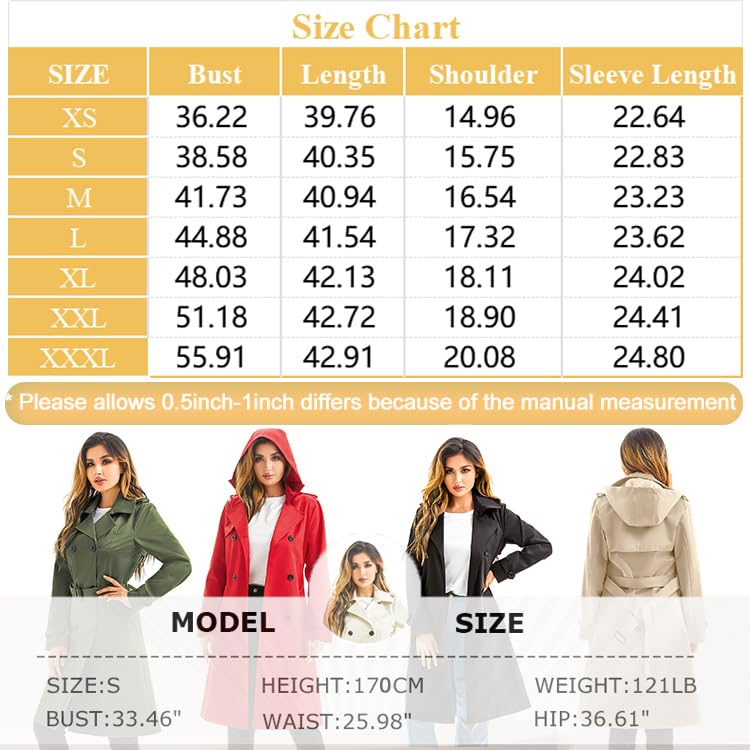 FARVALUE Women's Waterproof Trench Coat Long Double Breasted Windbreaker Classic Belted Lapel Overcoat with Removable Hood Khaki Large