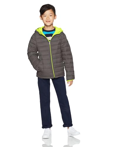 Amazon Essentials Boys' Lightweight Water-Resistant Packable Hooded Puffer Coat, Dark Grey Neon Yellow, Small