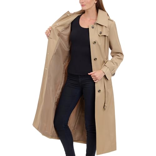 London Fog Women's Single Breasted Long Trench Coat with Epaulettes and Belt, BR Khaki, Extra Large