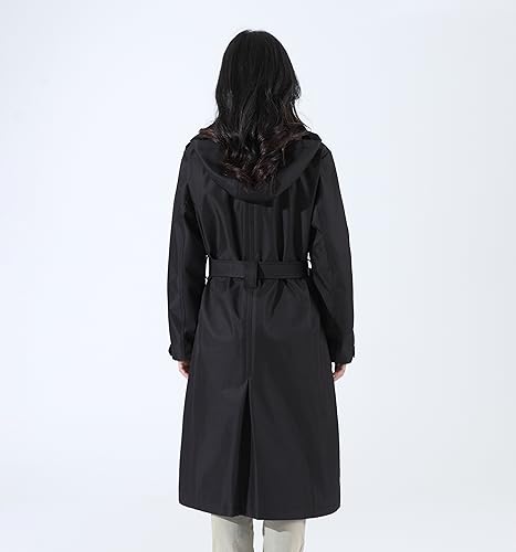 CorBuyit Trench Coats for Women, Double Breasted Mid-Length Belted Overcoat Long Dress Jacket with Detachable Hood Black L