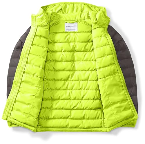 Amazon Essentials Boys' Lightweight Water-Resistant Packable Hooded Puffer Coat, Dark Grey Neon Yellow, Small